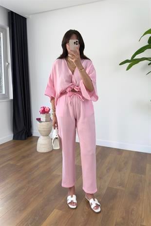 Buny Pembe Bağlama Detaylı Müslin Pantolon Takım