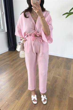 Buny Pembe Bağlama Detaylı Müslin Pantolon Takım