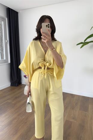 Buny Sarı Bağlama Detaylı Müslin Pantolon Takım