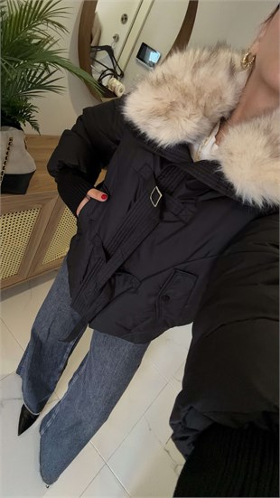 Bursy Siyah Kürk Yaka Mont