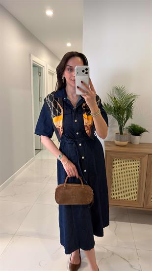 Butre Dark Blue Kısa Kollu Kuşaklı Elbise
