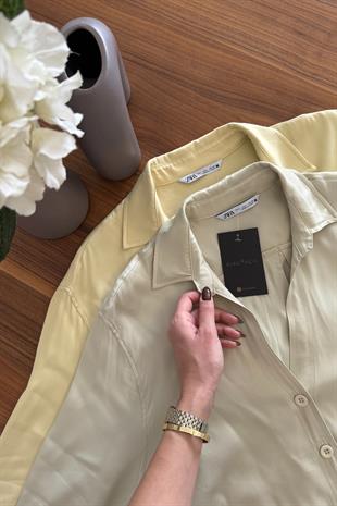 Cudy Yağ Yeşili V Yaka Saten Gömlek 