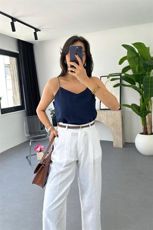 Cerla Lacivert Keten Bluz