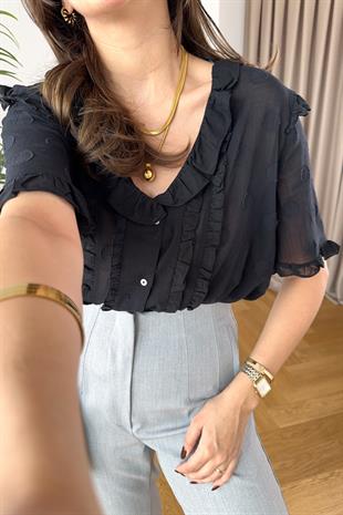 Olla Siyah Fırfırlı Şifon Gömlek 