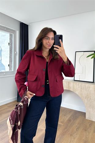 Brinde Bordo Kapak Cep Detaylı Vatkalı Kısa Ceket
