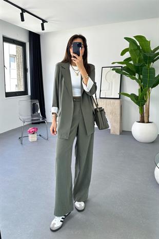 Dosy Haki Blazer Ceket Palazzo Pantolon Takım