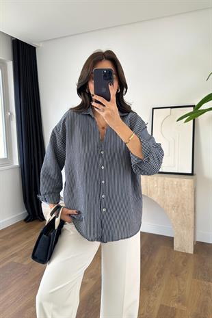 Drones Lacivert Beyaz Çizgili Gömlek