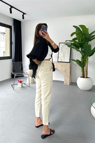 Taş Beli Bağlamalı Keten Pantolon