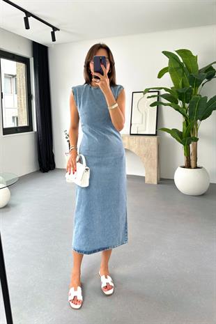 Dens Mavi Fermuar-Yırtmaç Detaylı Denim Elbise