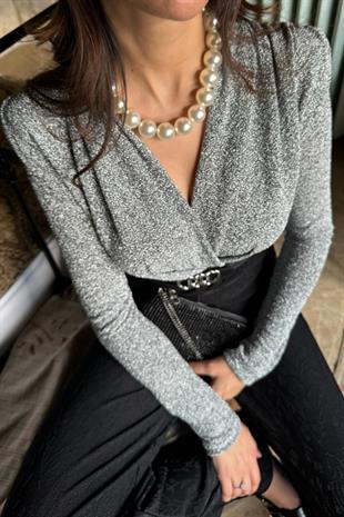 İlta Gri Kendinden Işıltılı Bodysuit