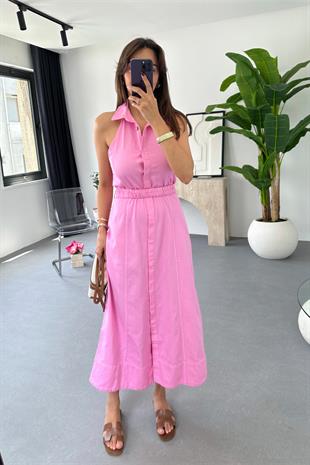 Loves Pembe Halter Yaka Gabardin Elbise