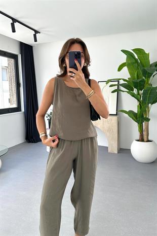 Mona Haki Beli Bağlamalı Bluz Pantolon Takım