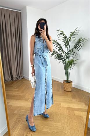 ZR Mavi Yıkamalı Denim Kuşaklı Elbise