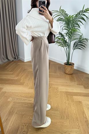 Loly Bej Beli Lastikli Palazzo Pantolon