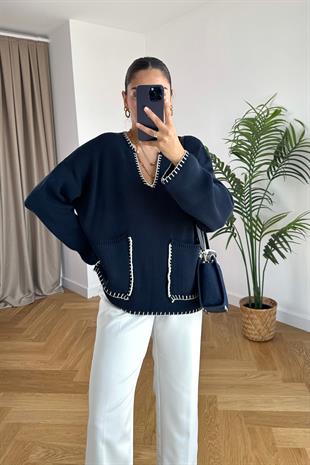 Olizy Lacivert V Yaka Üst Dikişli Triko