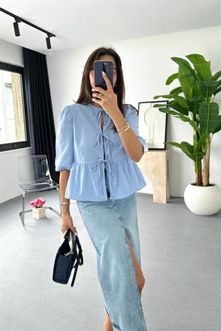 Lonte Bebe Mavi Bağlama Detaylı Bluz