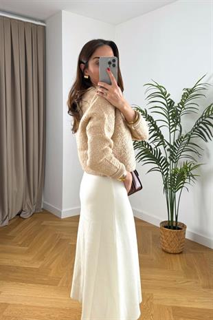 Soft Bej Düğme Detaylı Bisiklet Yaka Yumoş Hırka