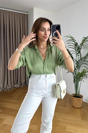 Orwell Yağ Yeşili Saten Gömlek