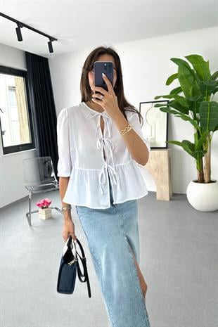Lonte Beyaz Bağlama Detaylı Bluz