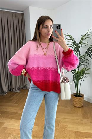 Tenexe Pembe Çok Renkli Bisiklet Yaka Triko