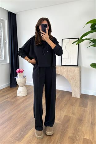Mersale Siyah Beli Bağlamalı Modal Sweat Pantolon Takım