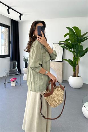 Denta Yağ Yeşili Kendinden Çizgili Gömlek