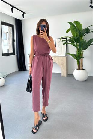 Mona Mürdüm Beli Bağlamalı Bluz Pantolon Takım