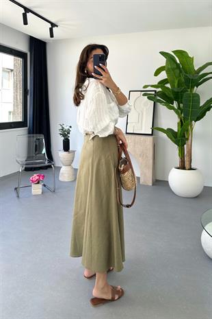 Lole Kemerli Olive Keten Maxi Etek