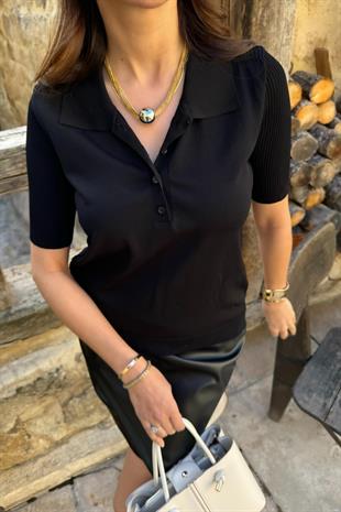 Yolenta Siyah Polo Yaka Düğmeli Triko