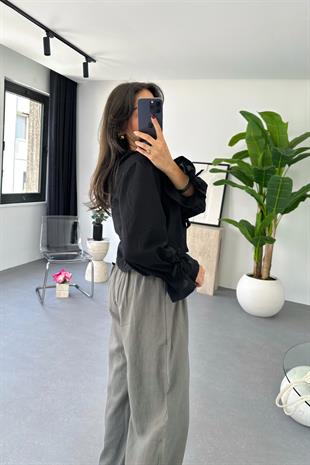 Enika Siyah Keten Önü Bağlamalı Bluz