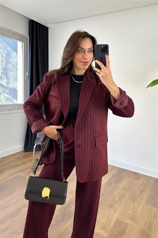 Stone Bordo Çizgili Çift Düğmeli Kaşe Ceket