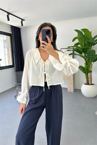 Enika Beyaz Keten Önü Bağlamalı Bluz