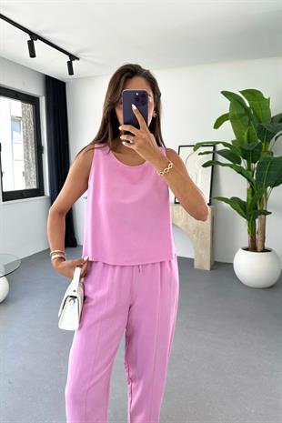 Tara Pembe Beli Bağlamalı Bluz Pantolon Takım