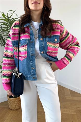 Triko Detaylı Denim Ceket