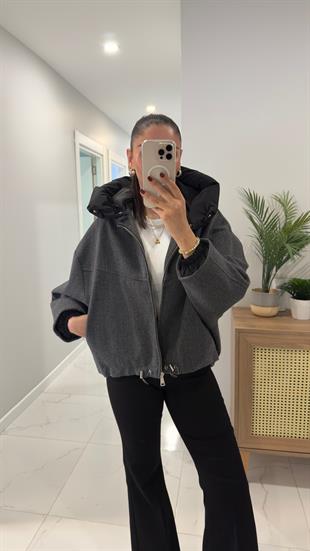 Calira Antrasit Kapüşonlu Kaşe Mont