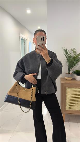 Calira Antrasit Kapüşonlu Kaşe Mont