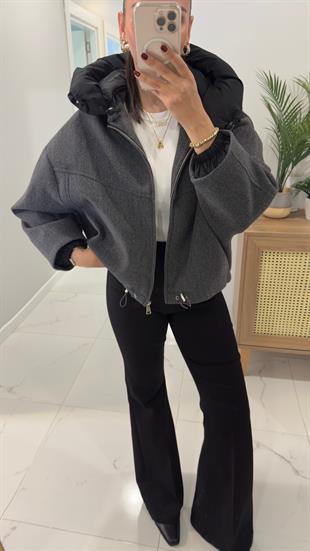 Calira Antrasit Kapüşonlu Kaşe Mont