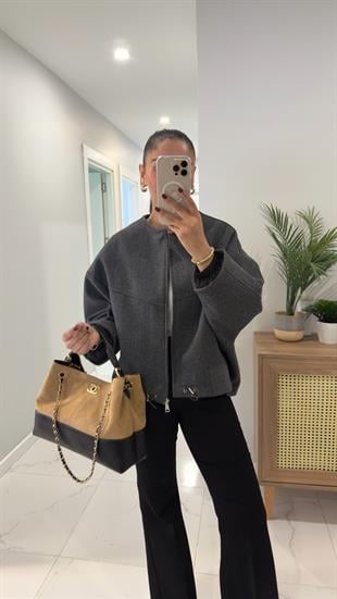 Calira Antrasit Kapüşonlu Kaşe Mont