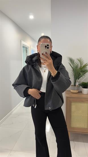 Calira Antrasit Kapüşonlu Kaşe Mont