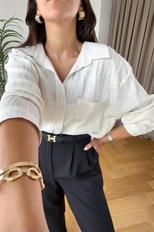 Taş Rengi Kendinden Dokulu Cep Detaylı Gömlek