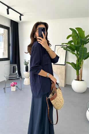 Denta Lacivert Kendinden Çizgili Gömlek