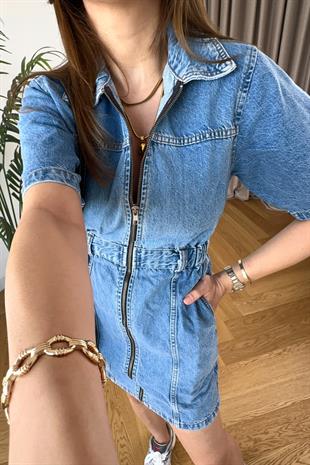 Topshop Fermuar Detaylı Denim Elbise