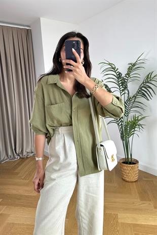Mari Yağ Yeşili Dökümlü Gömlek
