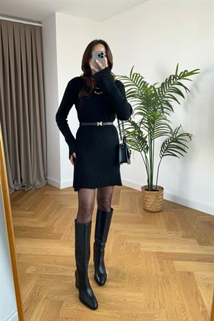 Benty Siyah Fitilli Triko Çan Elbise