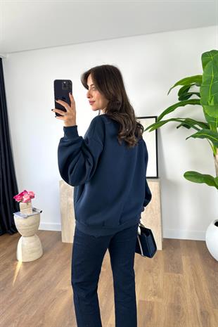 Andre Lacivert Baskılı Oversize Sweatshirt