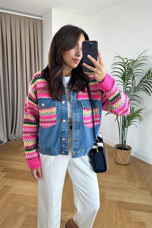 Triko Detaylı Denim Ceket