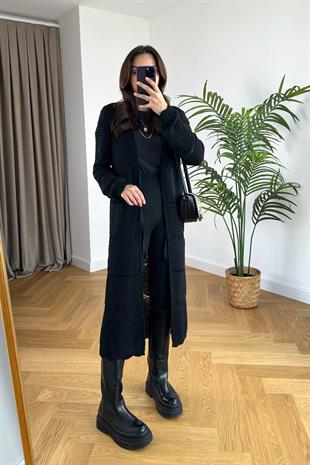 Siyah Ajurlu Maxi Boy Hırka