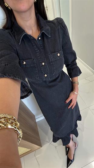 Cedric Antrasit Silver Düğme Detaylı Denim Elbise