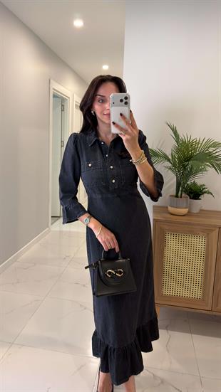 Cedric Antrasit Silver Düğme Detaylı Denim Elbise