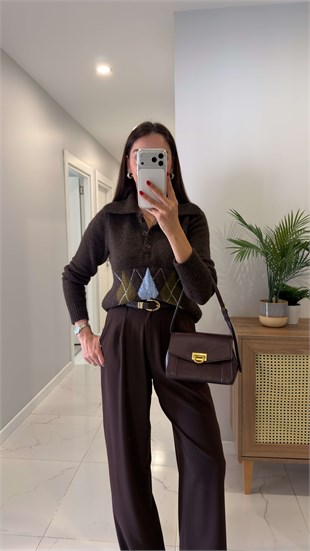 Cehls Kahve Baklava Desen Detaylı Polo Yaka Triko
